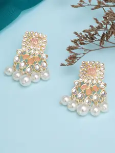 KARATCART White & Peach Gold Plated Pearl Studded Kundan Drop Earrings