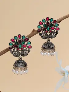 KARATCART Green & Red Silver-Plated Peacock Shape Classic Jhumkas Earrings