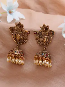 KARATCART Gold-Plated & White Peacock Shape Classic Jhumkas Earrings