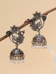 KARATCART Silver-Plated & White Peacock Shape Jhumkas Earrings