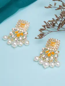 KARATCART Yellow & White Gold Plated Pearl Studded Kundan Drop Earrings