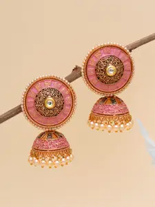 KARATCART Pink & Gold-Plated Classic Antique Jhumkas Earrings