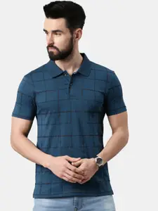 Kryptic Men Blue Checked Pure Cotton Polo Collar T-shirt