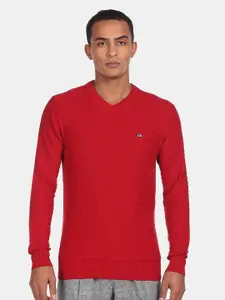 Arrow Sport Men Red V-Neck Striped Pure Cotton Pullover