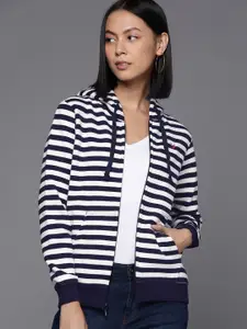 Allen Solly Woman Navy Blue & White Striped Hooded Sweatshirt