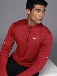 Nike Men Red Solid Henley Neck Dri-FIT T-shirt With Melange Effect