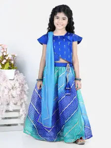 Here&Now X Kinder Kids Girls Blue & Green Embroidered Lehenga & Blouse With Dupatta