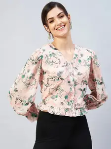 Carlton London Women Peach-Coloured & Green Floral Print Georgette Shirt Style Top