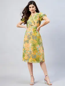 Marie Claire Yellow Tropical Georgette Midi Wrap Dress