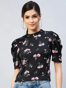 Marie Claire Black & Pink Floral Printed Styled Back Top