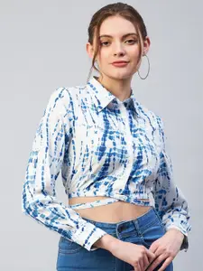 Marie Claire Women Blue & White Abstract Printed Crop Top
