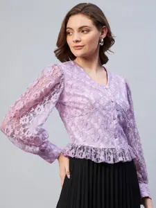 Marie Claire Purple Self Design Ruffles Lace Top
