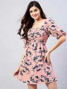 RARE Women Peach & Charcoal Floral Printed Crepe Dress