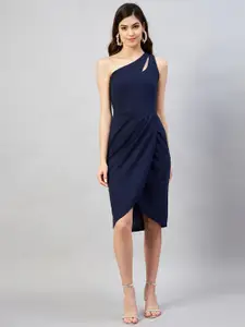RARE Women Navy Blue Solid One Shoulder Sheath Dress
