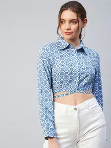 RARE Blue Geometric Print Crepe Shirt Style Crop Top