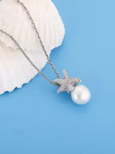 GIVA 925 Sterling Silver Rhodium-Plated Silver-Toned White Pearl Pendant with Link Chain