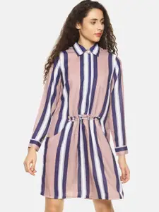 SAHORA Pink Striped Crepe Shirt Dress