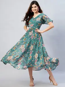 RARE Women Teal & Mustard Yellow Floral Printed Georgette Midi Dress