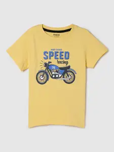 max Boys Yellow Biker Printed Pure Cotton T-shirt