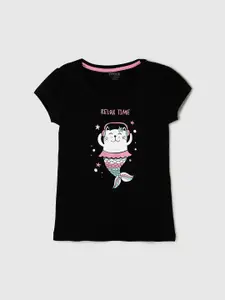 max Girls Black Printed Pure Cotton T-shirt