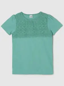 max Girls Green Printed Pure Cotton T-shirt