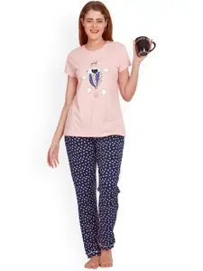 MAYSIXTY Women Pink & Navy Blue Printed Night suit