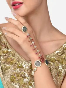 Zaveri Pearls Women Gold Toned & Grey Kundan & Pearls Elegant Ethnic Hand Ring Bracelet