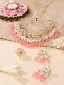 Zaveri Pearls Gold-Plated Pink Kundan Stone-Studded Beaded Choker Necklace Set