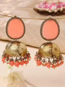 Zaveri Pearls Women Peach-Coloured & Gold-Toned Contemporary Jhumkas Earrings