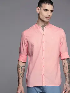 WROGN Men Peach-Coloured Solid Slim Fit Pure Cotton Casual Shirt