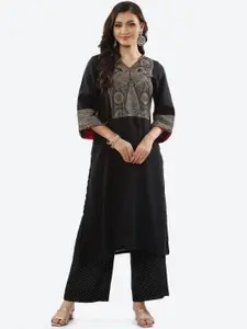 Biba Women Black And Gold Toned Ethnic Motifs Printed Yoke Design Straight Kurta