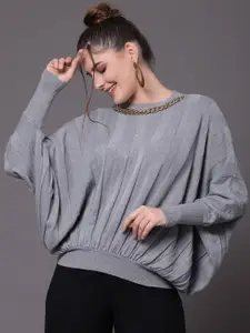 Mafadeny Women Grey Pullover with Embellished Detail