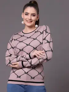 Mafadeny Women Peach-Coloured & Black Checked Pullover With Embellished Detail