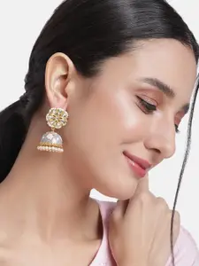 Peora Grey & Gold-Toned Dome Shaped Stone Studded & Beaded Jhumkas Earrings