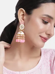 Peora Pink Dome Shaped Stone Studded & Beaded Jhumkas Earrings