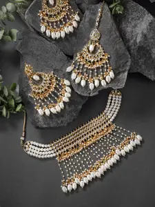 Peora Gold-Plated Kundan Pearl Drop Choker Necklace Earring & Maang Tika Set