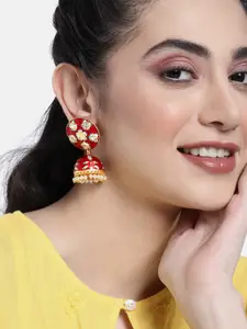 Peora Red & Gold-Plated Dome Shaped Jhumkas Earrings