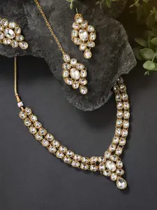 Peora Gold-Plated Crystal Necklace with Earring & Maangtikka Jewellery Set