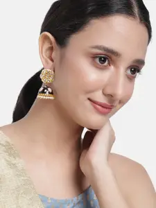 Peora Black & Yellow Dome Shaped Stone Studded & Beaded Jhumkas Earrings