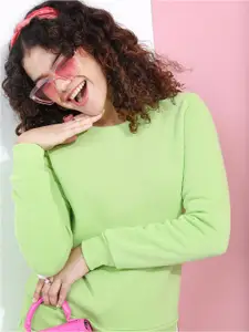 Basics By Tokyo Talkies Women Lime Green Solid Sweatshirt