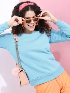 Basics By Tokyo Talkies Women Blue Solid Sweatshirt