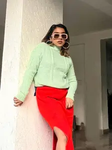 Tokyo Talkies Women Green Turtle Neck Cable Knit Pullover