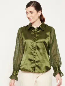 Bitterlime Women Olive Green Satin Casual Shirt