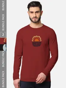 BULLMER Men Rust & Black Pack of 2 Printed Cotton T-shirt