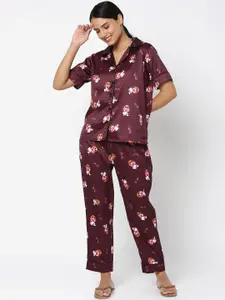 Smarty Pants Women Maroon & White Printed Night suit