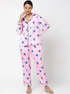Smarty Pants Women Pink & Blue Printed Night suit