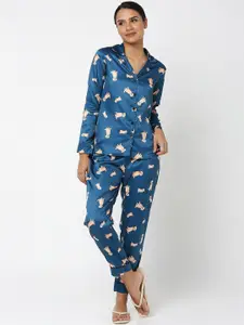 Smarty Pants Women Teal & Beige Printed Night suit