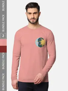 BULLMER Men Pink & Navy Blue Pack of 2 Printed Cotton T-shirt