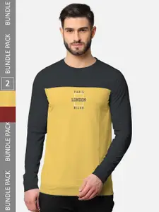 BULLMER Men Pack Of 2 Rust & Charcoal Typography Printed Cotton T-shirt