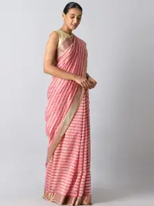 Taneira Pink & White Striped Zari Silk Cotton Maheshwari Saree